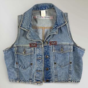 Vtg Zena Jeans Women’s Blue Denim Vest World Traveler Patches 90s Y2K Size Lrg